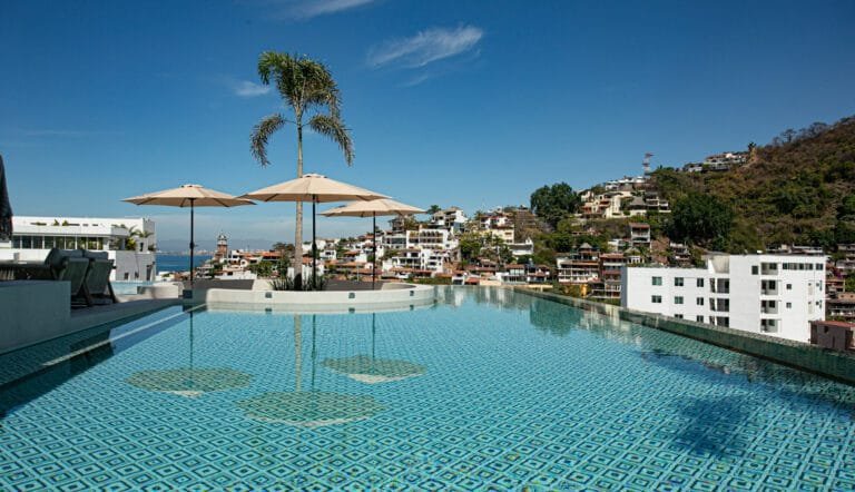 Rooftop terrace with pool and city views